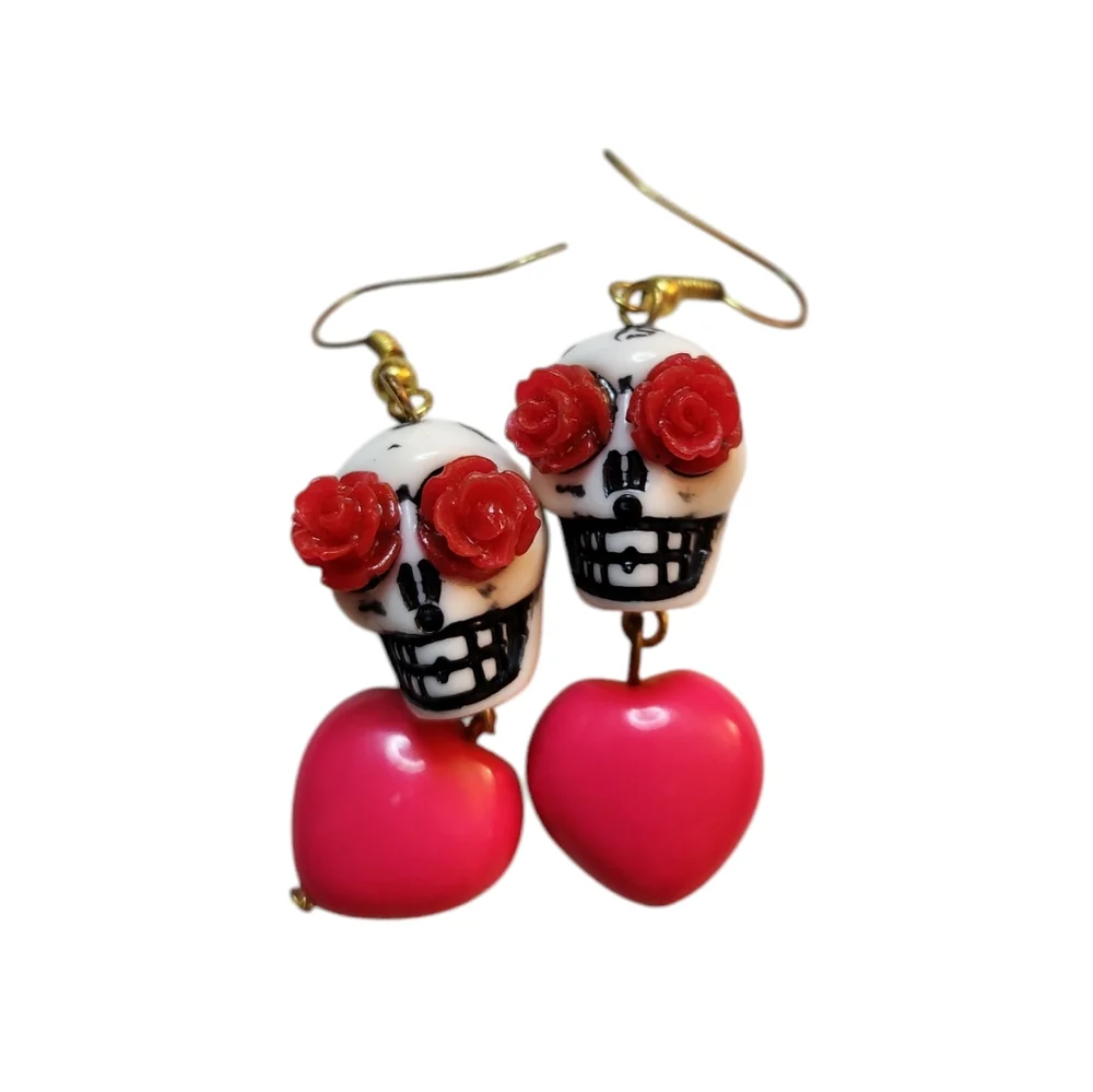 Sugar Skull Rose Heart Dangle Earings (Free W/bundle Of 2 Items)